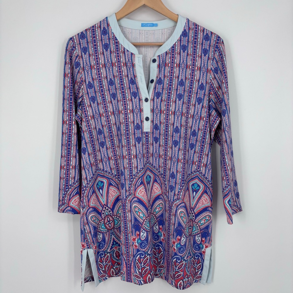 J. McLaughlin Catalina Cloth Henley Tunic Top Womens L Blue Paisley Preppy *FLAW